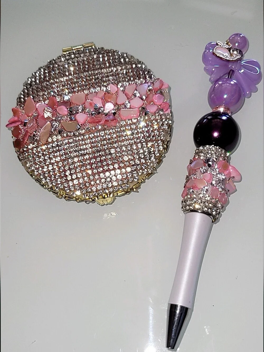 Handcrafted Rhinestone Compact Mirror & Beaded Pen Pink Gift Set